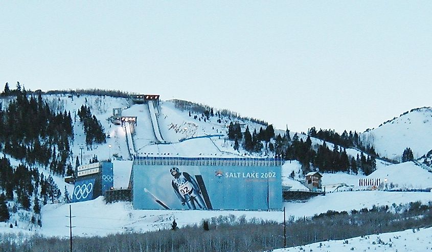 the spectator seating and jumps for the ski jumping competitions at the Utah Olympic Park during the 2002 Winter Olympics