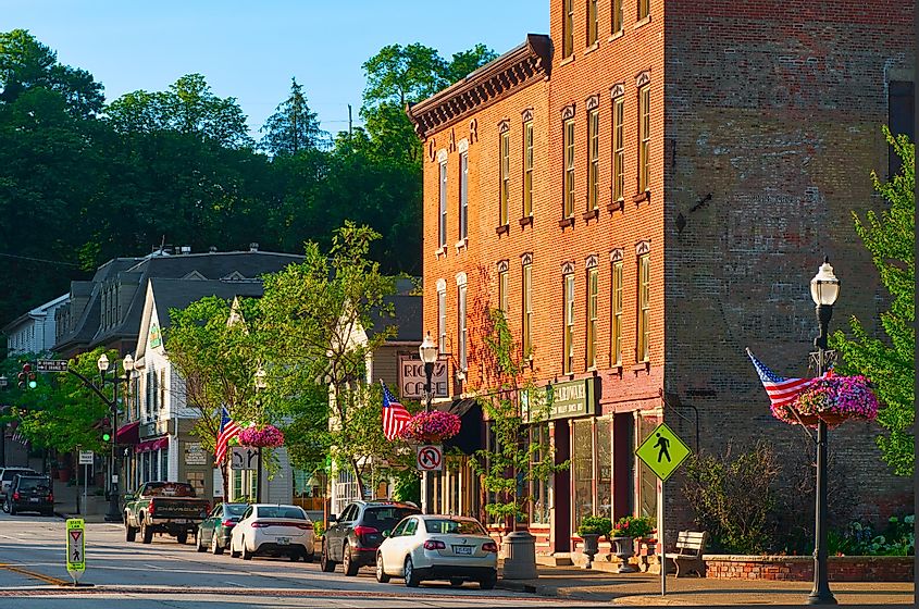 North Main Streen in Chagrin Falls is lined with popular shops and restaurants that maintain a vintage charm in this Cleveland suburb, via Kenneth Sponsler / Shutterstock.com