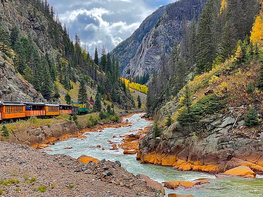 Narrow Gauge Railroad near River in Durango to Silverton Colorado USA