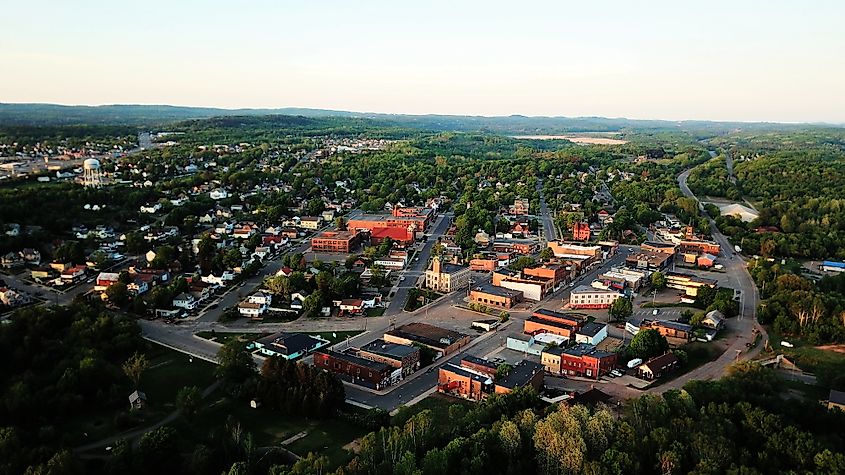 Aerial view of downtown Negaunee in Michigan.