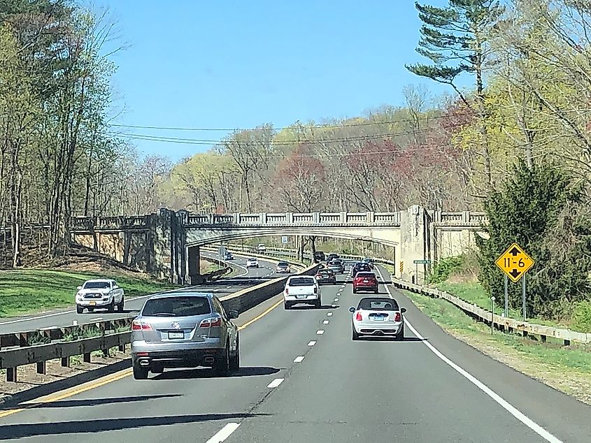 Cars on the road along Merritt Parkway Greenwich Bridge