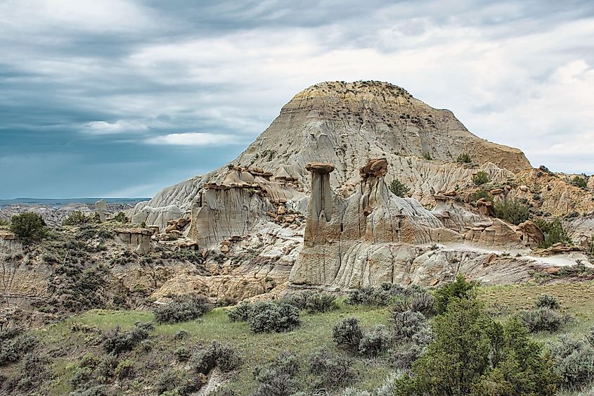 Cains Coulee Overlook and the Twin Sisters Rock Formation During a Late Spring Thunderstorm at Makoshika State Park in Eastern Montana.