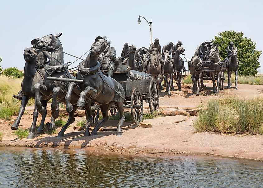 Bronze statues that are part of the Centennial Land Run Monument in Bricktown, Oklahoma City, Oklahoma