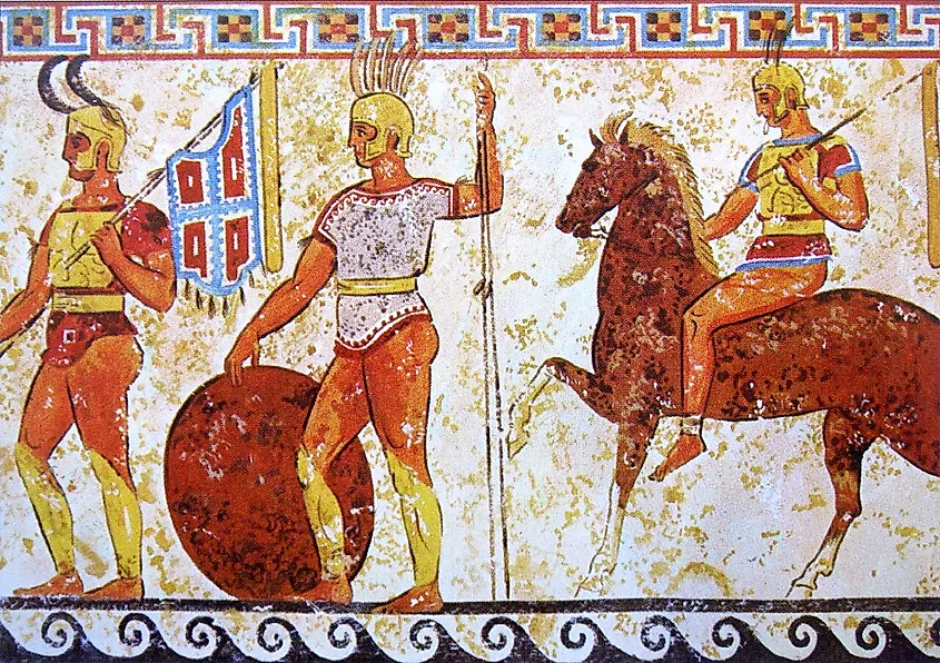 A 4th-century BCE tomb frieze depicting Samnite soldiers, enemies of Rome during the Samnite Wars (343-290 BCE).