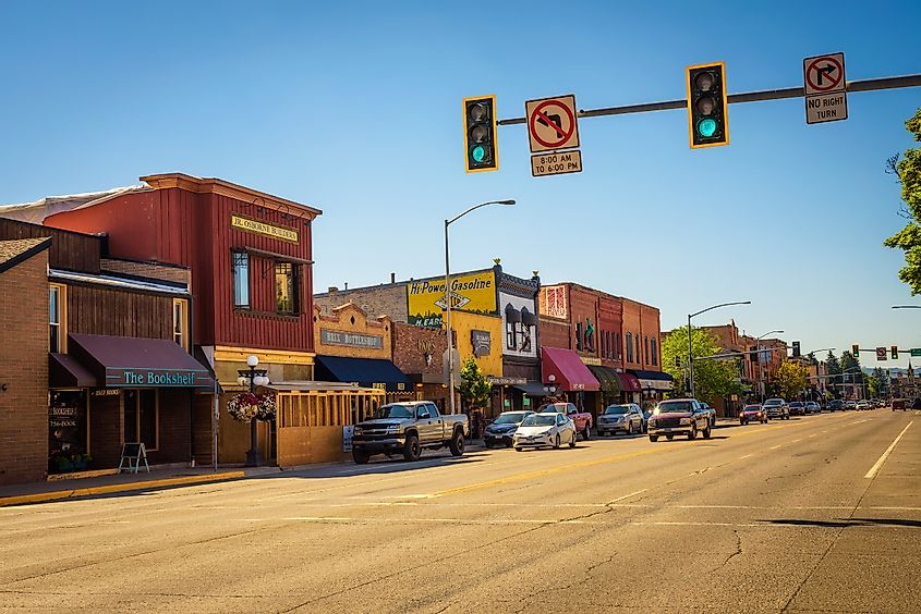 Scenic street view with shops and restaurants in Kalispell. Kalispell is the gateway to Glacier National Park, via Nick Fox / Shutterstock.com