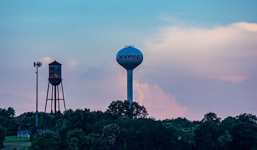Water towers in Demopolis against a colorful sunset sky.