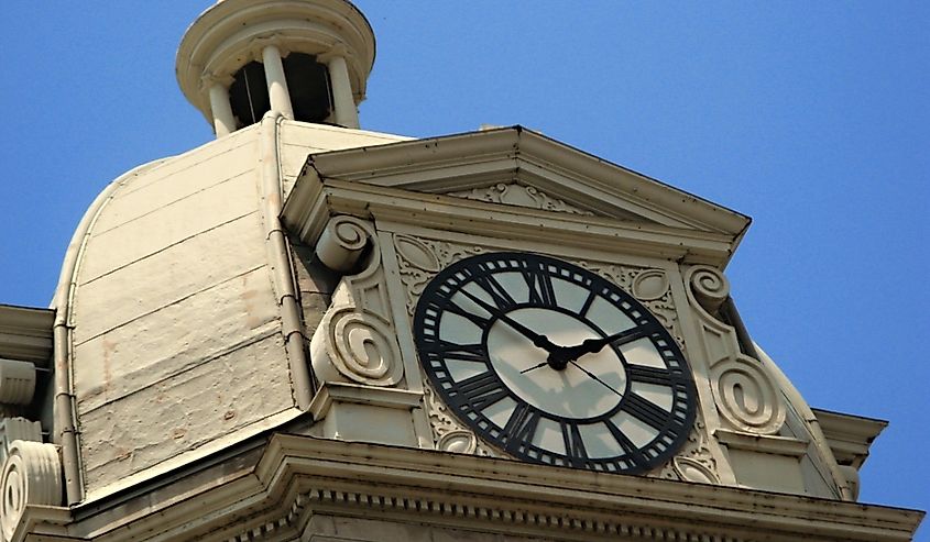 Courthouse clock tower in Greenwood.
