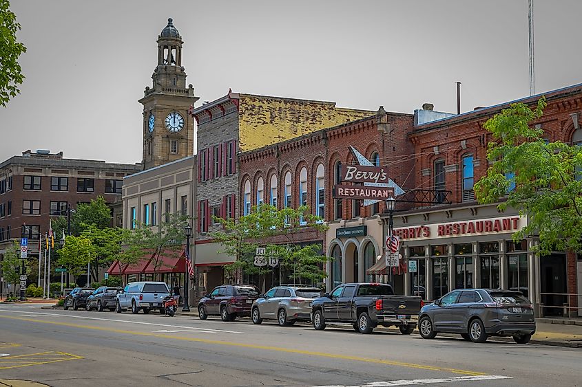 A row of shops and restaurants in downtown Norwalk, Ohio.