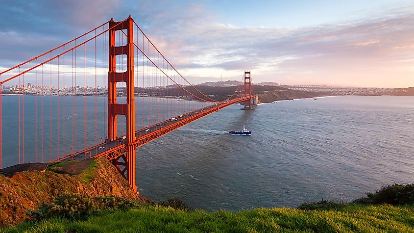 Golden Gate Bridge at sunset, seen from Marin Headlands.