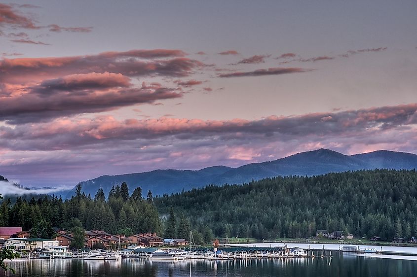 The sun sets on the shores of Lake Pend Oreille, East Hope, Idaho.