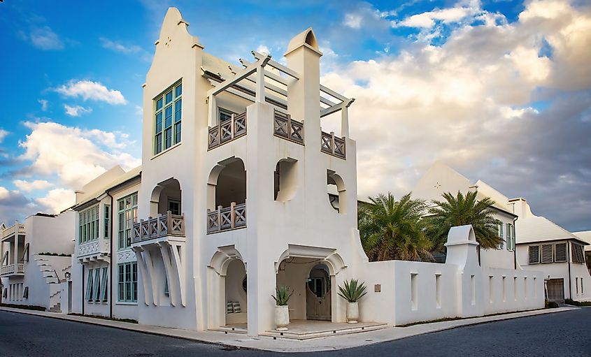 A white residential buildings in Alys Beach, Emerald Coast, Florida, via Wirestock Creators / Shutterstock.com