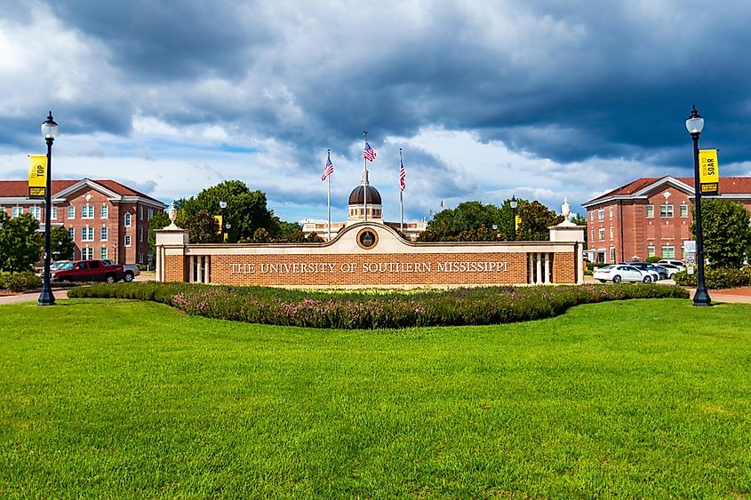 The University of Southern Mississippi entrance sign in Hattiesburg, Mississippi.