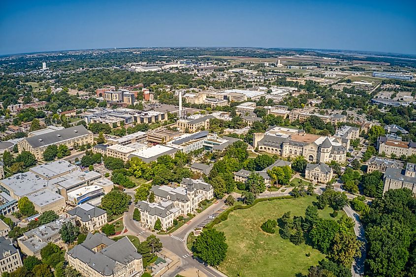 Aerial view of a university in Manhattan, Kansas. 