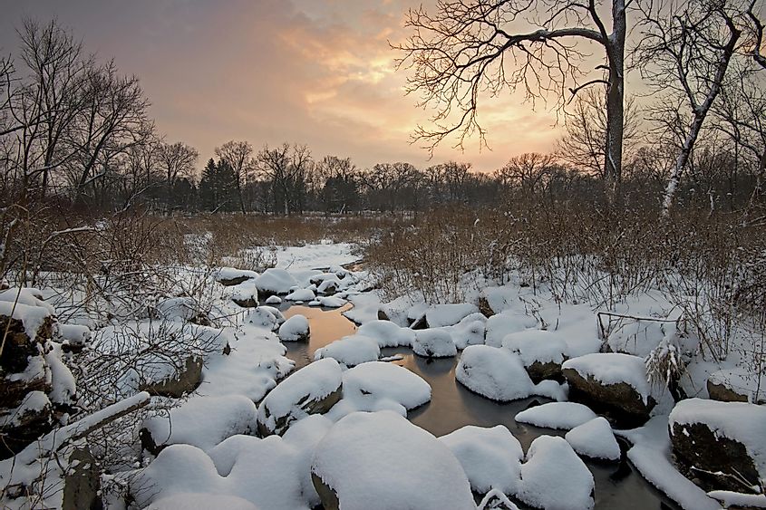 Twilight colors in the winter sky at Warrenville Grove Forest Preserve in DuPage County, Illinois.