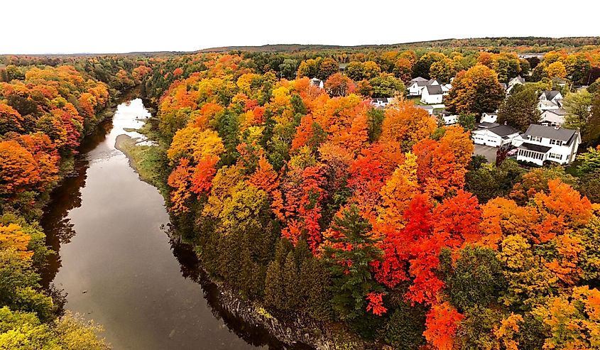 Fall foliage on the Meduxnekeag River in Houlton, Maine