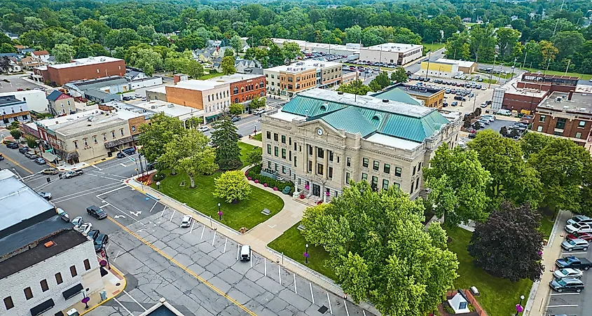 Aerial entrance view in summer of Auburn courthouse.