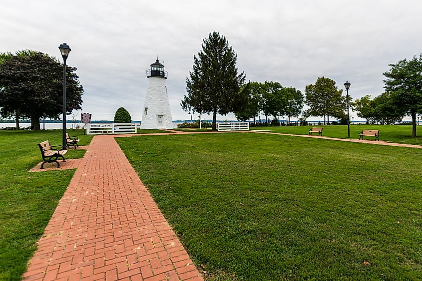 A lighthouse in a park in Havre de Grace, Maryland.