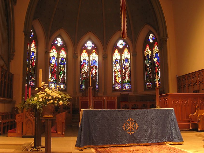The interior of the First Presbyterian Church of Pittsburgh, Pennsylvania.
