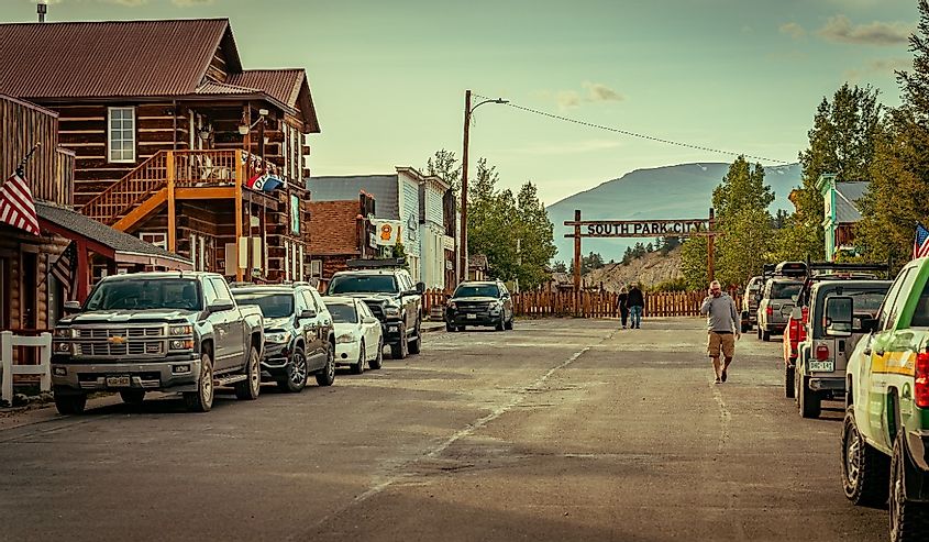 Fairplay, Colorado, USA - Aug 24, 2019: Town street leading to the South Park City museum