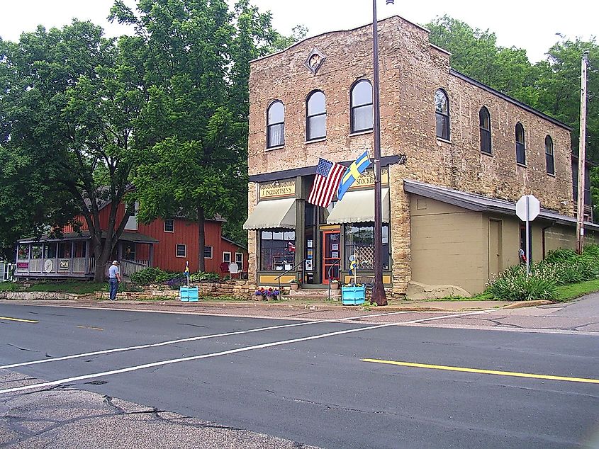 Downtown street in Stockholm, Wisconsin in the summer. 