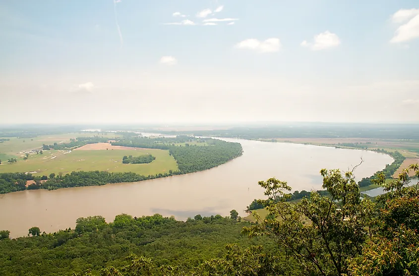 The Arkansas River winding through the landscape.
