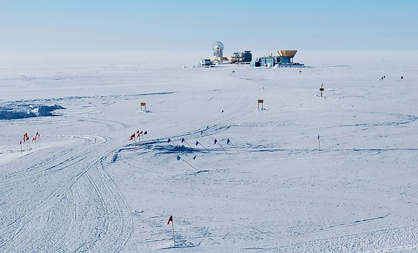 View of telescope across the airstrip from Amundsen Scott South Pole Station, Antarctica