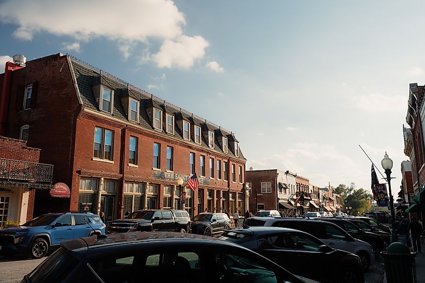 The Saint George Hotel and other antique brick buildings in Weston, Missouri.