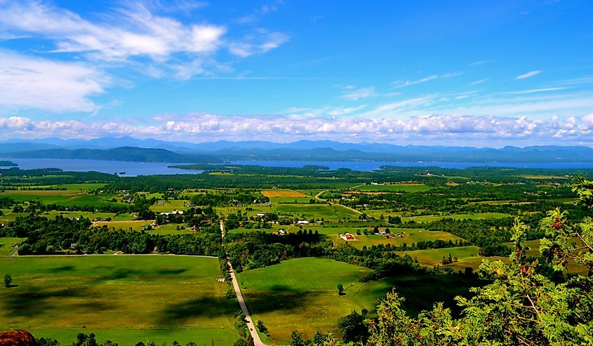 View of Lake Champlain and Adirondacks in Charlotte, Vermont.