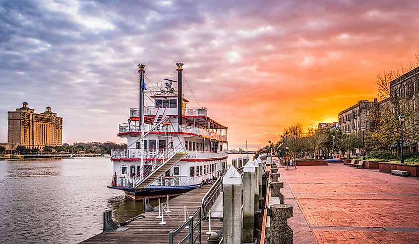 Savannah, Georgia, USA riverfront promenade at sunrise