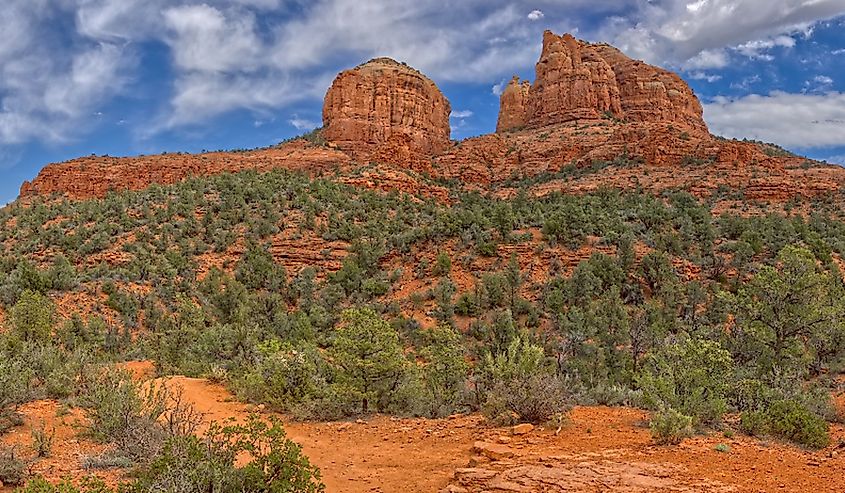 Panorama view of Cathedral Rock in Sedona AZ from the upper Baldwin Loop Trail on the west side of the rock.