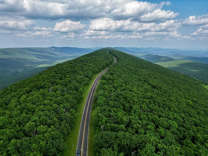 Winding road in the Arkansas Ouachita National Forest on Talimena Drive.