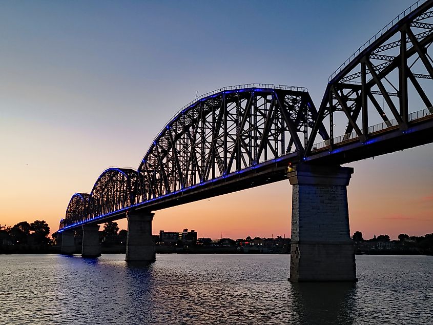 Golden sunset over the Big Four Bridge spanning the Ohio River in Louisville Kentucky.