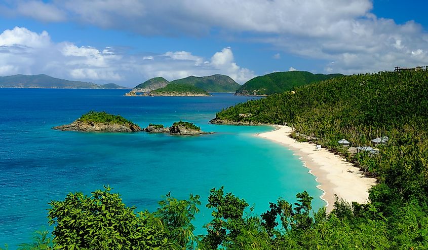 Stunning sandy beach and green trees at Trunk Bay in United States Virgin Islands national park