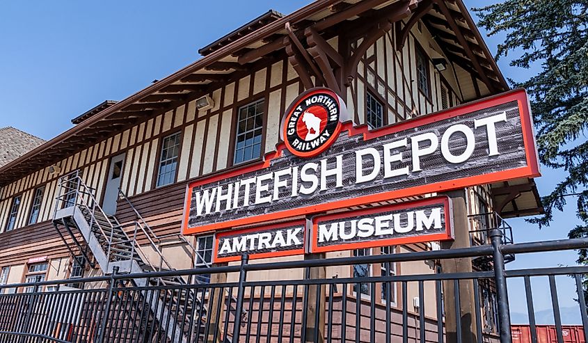 Sign for the Whitefish Depot Amtrak Train musuem for the Great Northern Railway, Whitefish, Montana