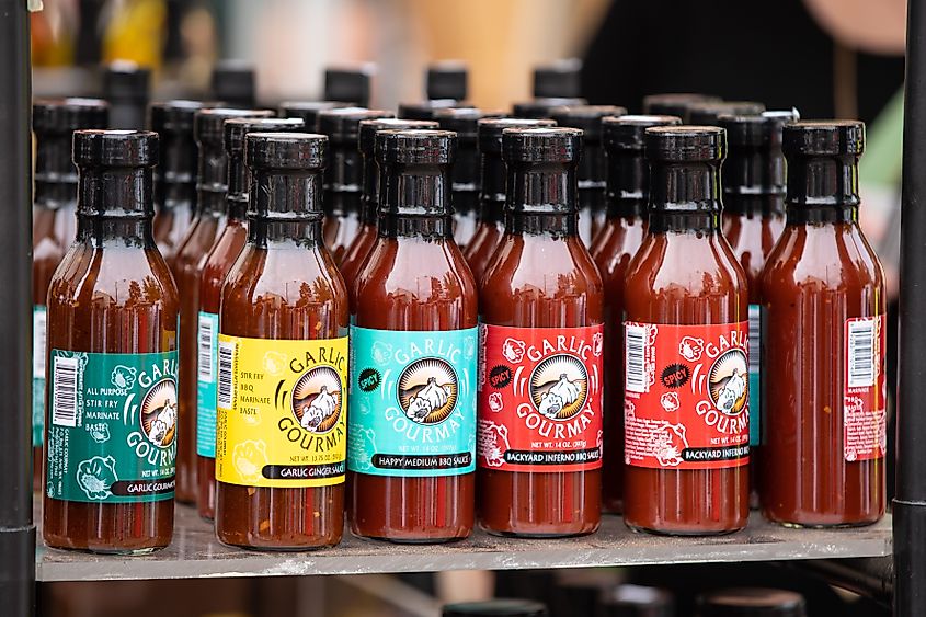 Garlic sauces sold at the Gilroy Garlic Festival in North Plains, Oregon
