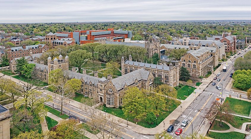 Aerial view of University of Michigan Law School in Ann Arbor, Michigan