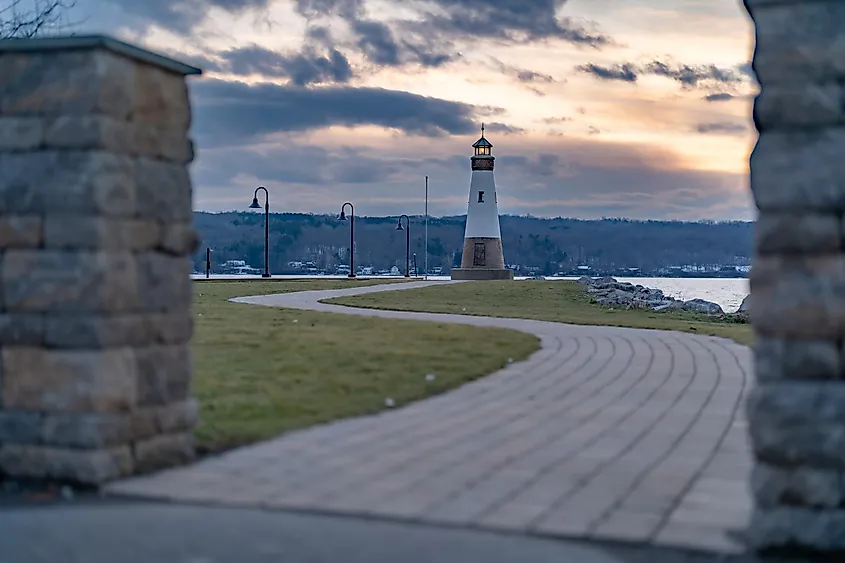 Sunset photo of the Myers Point Lighthouse at Myers Park in Lansing