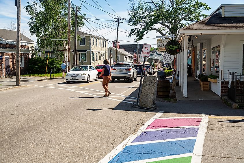 Buildings and shops in the New England town of Kennebunkport, Maine