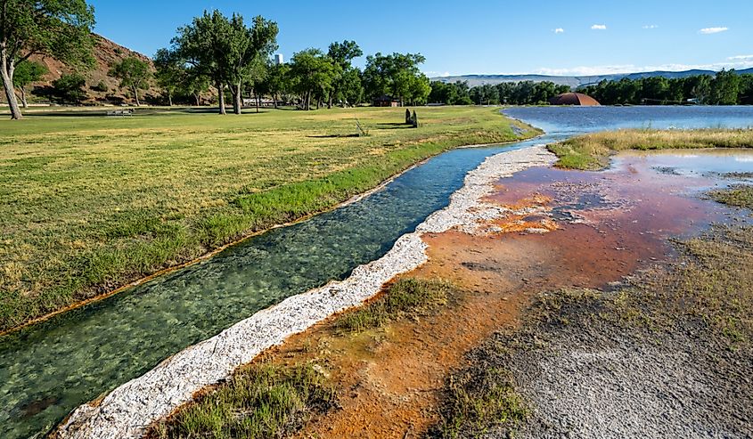 Hot springs mineral water flows through Hot Springs State Park in Thermopolis, Wyoming