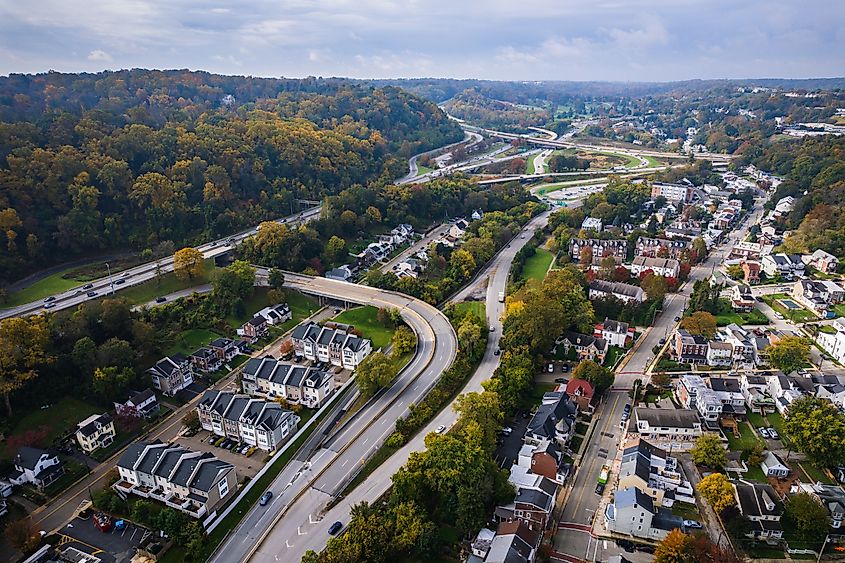 Aerial drone view of Conshohocken, Pennsylvania