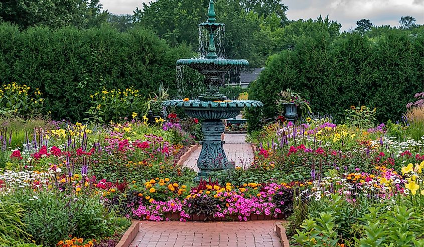 Fountain and flowers in The Clemens Gardens in St. Cloud, Minnesota