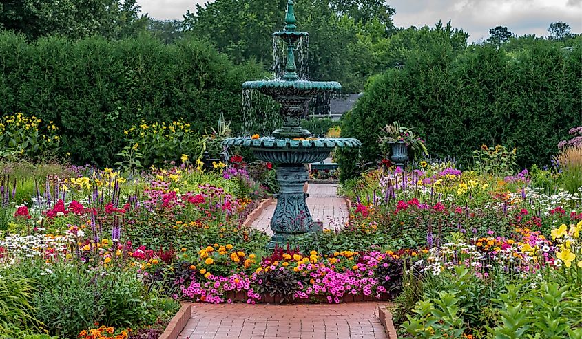 Fountain and flowers in The Clemens Gardens in St. Cloud, Minnesota