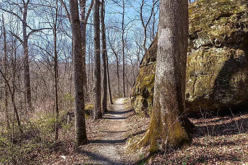 Trails and bluffs on the Indian Creek Nature Trail in Giant City State Park, Makanda, Illinois.