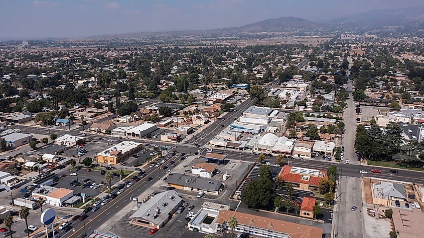 Afternoon traffic passes through the downtown area on Beaumont Avenue, Beaumont, California.