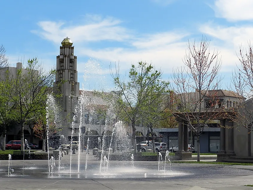 Fountain in a downtown plaza in Chico, California