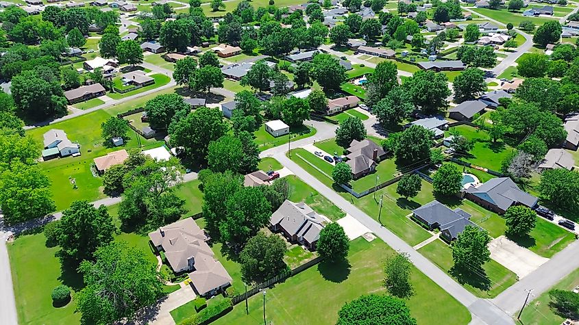 Aerial view of a neighborhood in Checotah, Oklahoma.
