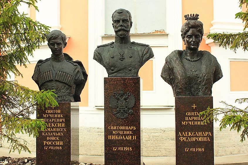 Monument to Royal Martyrs, Tsar Nicholas II of Russia and his family at Theotokos of Tikhvin church. 