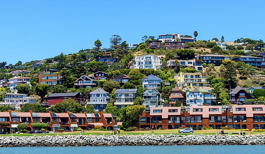 Scenic view of an upscale residential waterfront neighborhood in Tiburon from Raccoon Strait in San Francisco Bay, California