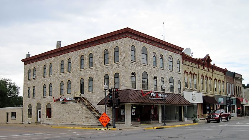 Buildings and businesses along the main street in Charles City, Iowa.