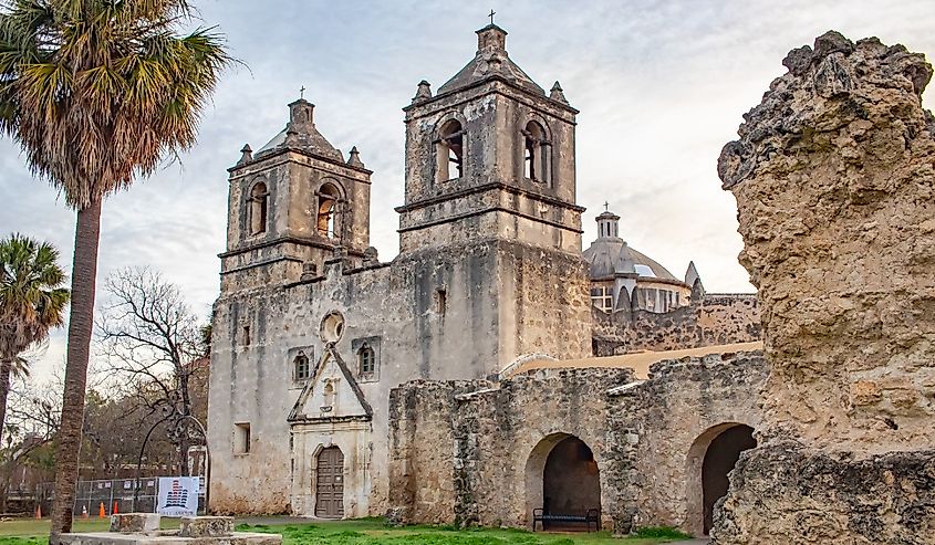 Old historic Spanish Mission Concepcion in San Antonio Texas during sunrise